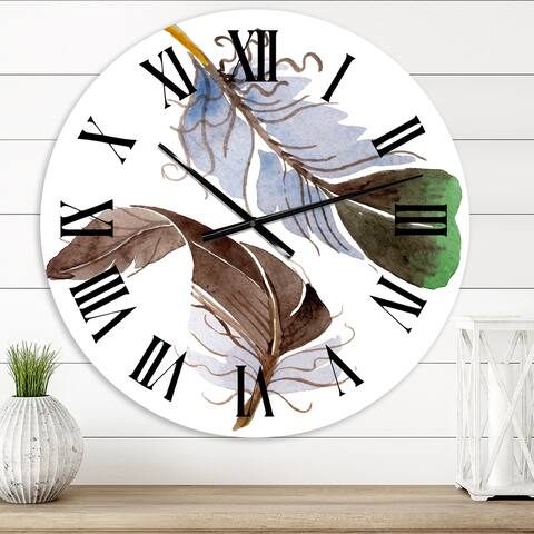 Designart 'Green Bird Feather From Wing' Bohemian & Eclectic wall clock
