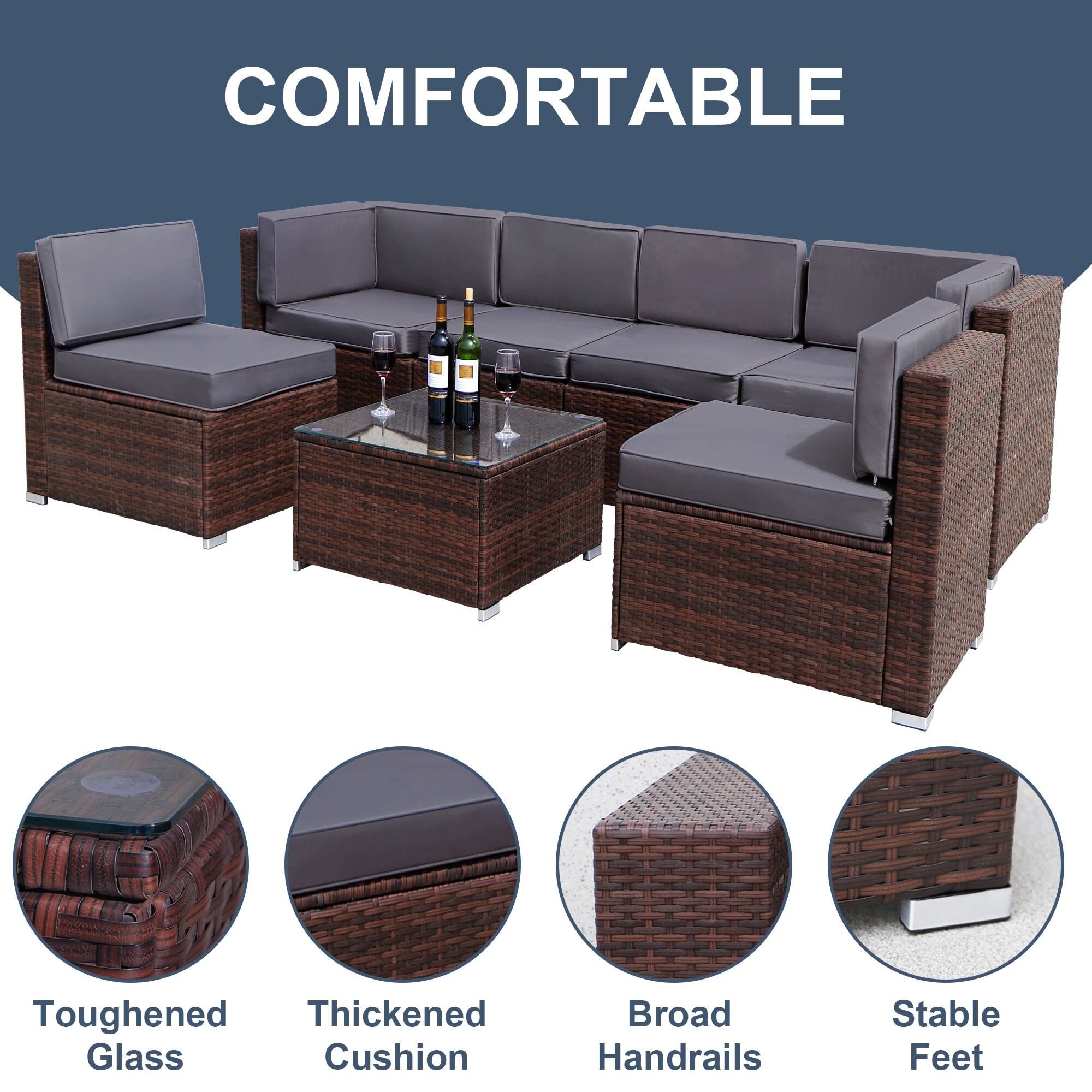 PE Rattan Weave Garden Furniture Set 7 Pieces Outdoor Patio Segmented Sofa Sets Conversation Sets Grey