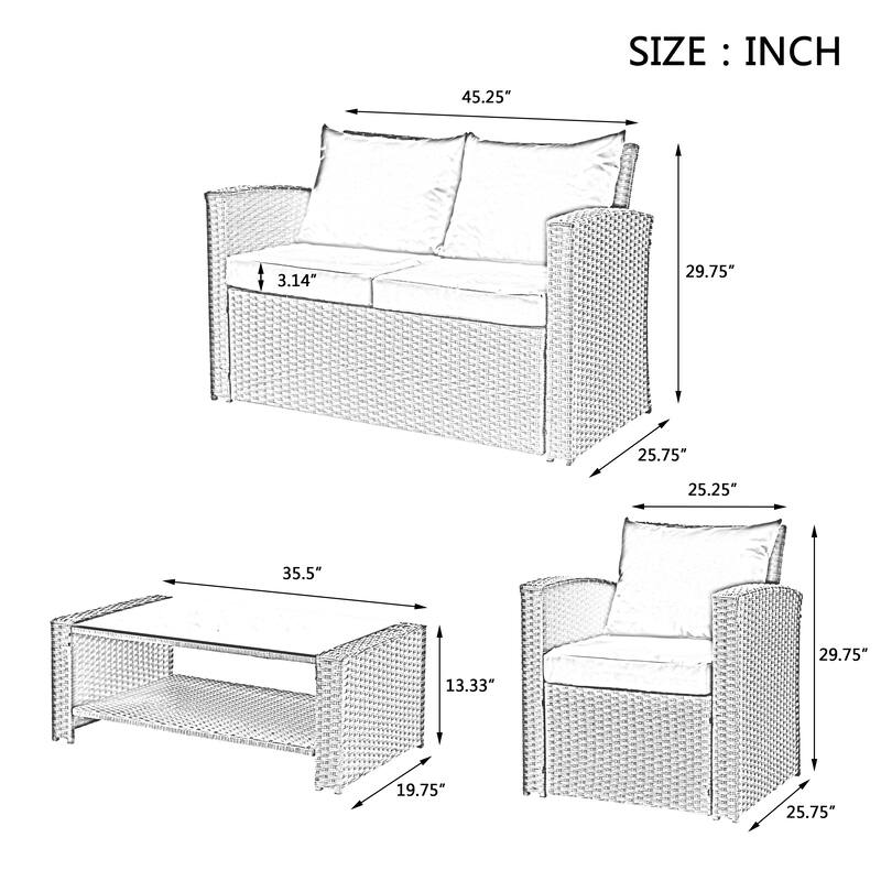 GDFStudio - 4-Piece Outdoor Patio Furniture Set with PE Wicker & Tempered Glass Table
