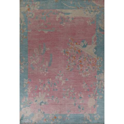 Floral Pink Art Deco Chinese Area Rug Hand-Knotted Wool Carpet - 8'11"x11'8"