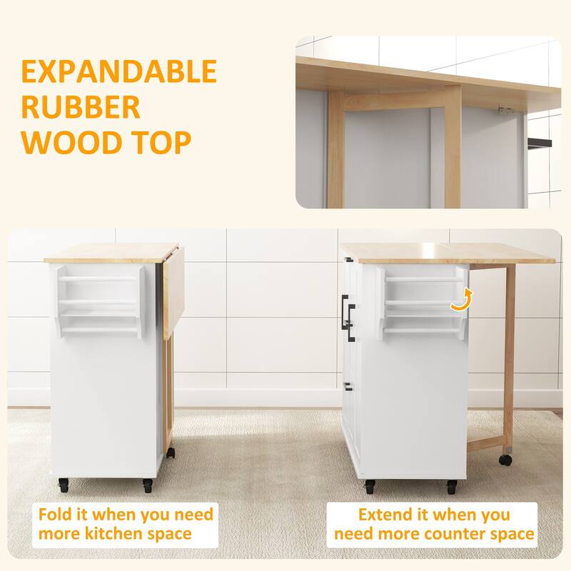 Rubber Wood Drop Leaf Kitchen Island with 3 Drawers & 2 Cabinets, Rolling Kitchen Cart on Wheels with Spice Rack & Towel Rack
