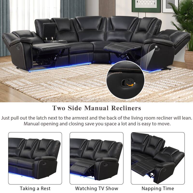 Modern Faux Leather Manual Reclining with LED Light Strip with 2 Cup Holders