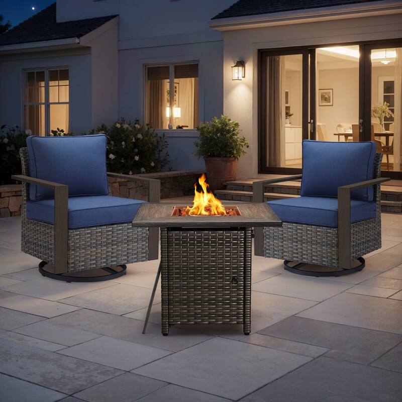 Meyreso 3-Piece Wicker Swivel Glider Fire Pit Set with Plush 4.5" Olefin Cushions - Gray Wicker - Navy Blue Cushions