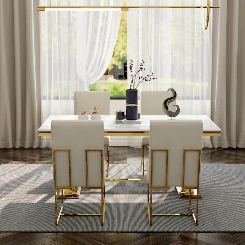 White and Gold Dining Room Table Set with 72 inch Table and White PU Leather Dining Chairs