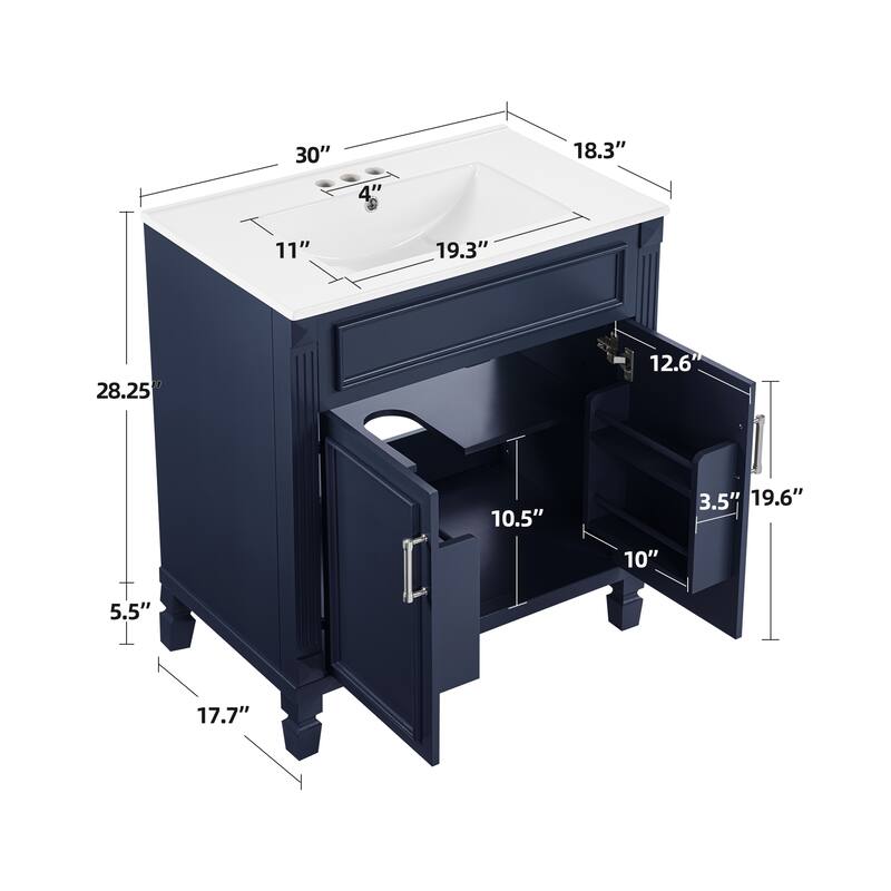 Modern 30" Freestanding Bathroom Vanity Cabinet Wood Frame with Ceramic Sink and Soft-Close Storage