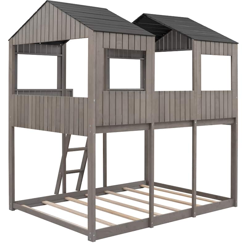 Full Over Full WoodBunk Bed with Roof, Window, Guardrail, Ladder(Antique Gray)