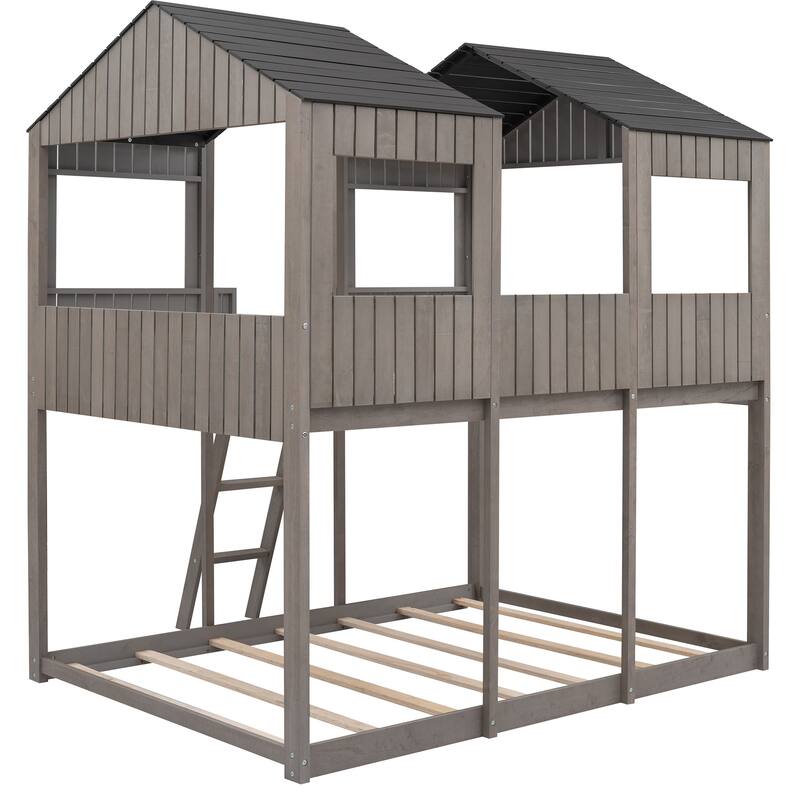 WoodBunk Bed with Roof, Window, Guardrail, Ladder