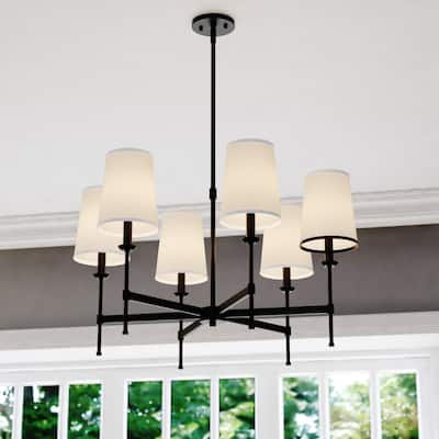 Camden 6 Light Matte Black Chandelier Fixture White Fabric Linen Shade, LED Compatible - 30-in W x 17.75-in H x 30-in D