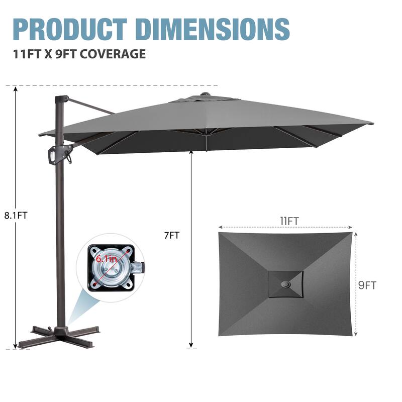 VredHom Patio Outdoor 9 FT x 11 FT Cantilever-Offset Umbrella with No Base