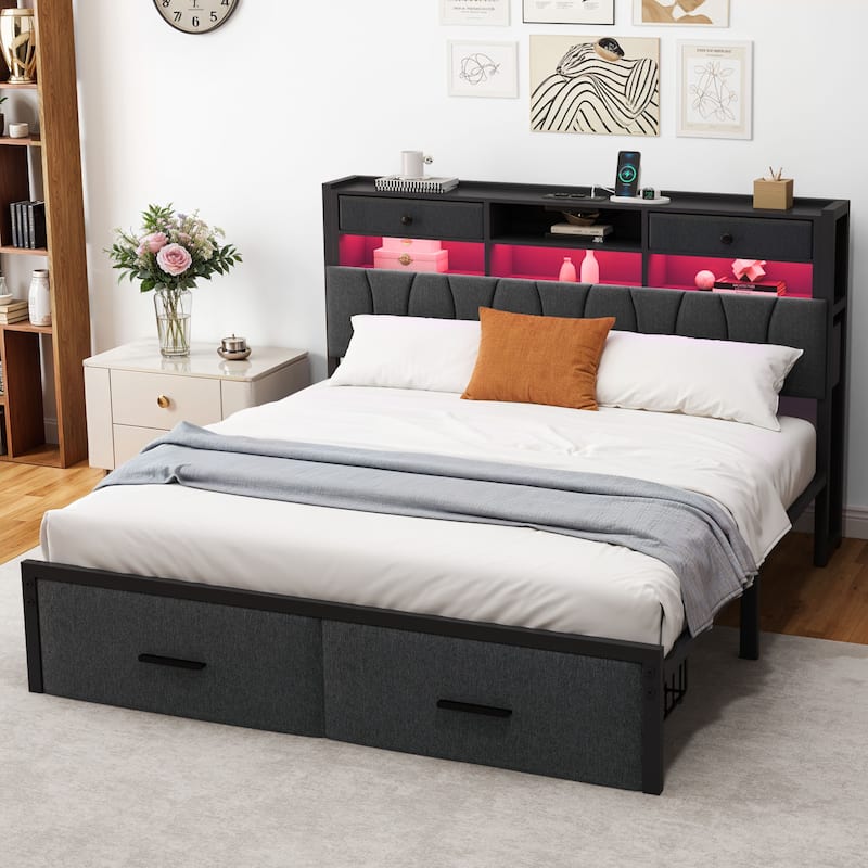 Moasis Linen Upholstered Platform Bed, Bed Frame with Hidden Storage Headboard and Charging Station