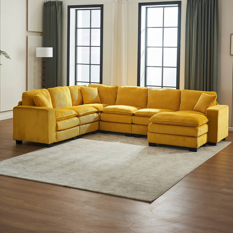 Corduroy Upholstered U-shaped Chaise Sectional Sofa Modular Sleeper Sofa Bed Deep Seat Couch with Ottoman and Pillows