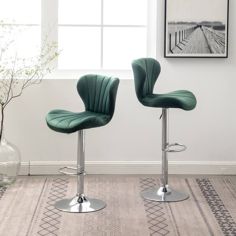 Set of 2 Adjustable Swivel Barstools with Upholstered Bucket Seats and Chrome Footrest.