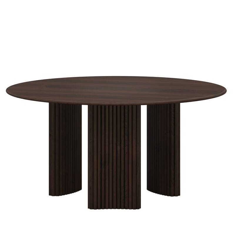 Modern Round Dining Table with Striped Column Legs Solid Wood Kitchen Table Anti-Scratch Footpads