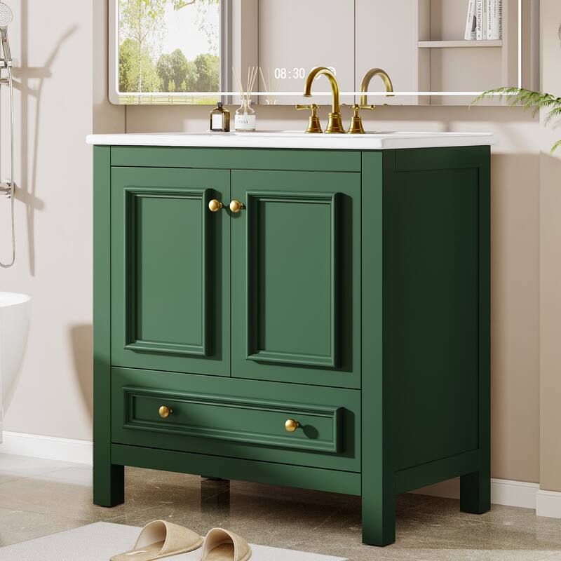 30 Inches Modern Bathroom Vanity Cabinet with Ceramic Basin & 1 Drawer