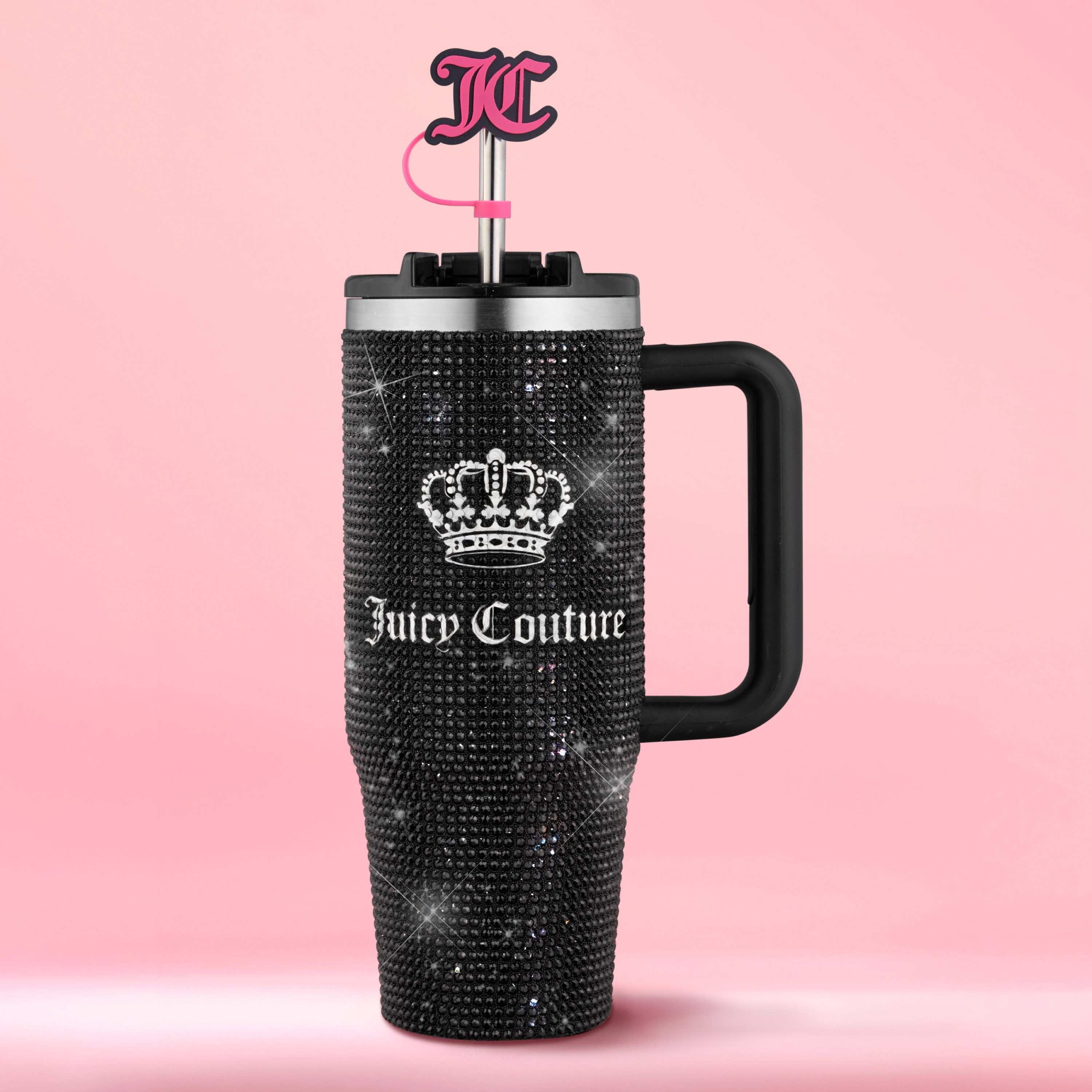 Juicy Couture Diamond Bling Hydration Stainless Steel Tumbler with Handle and Straw with Topper - 30 oz