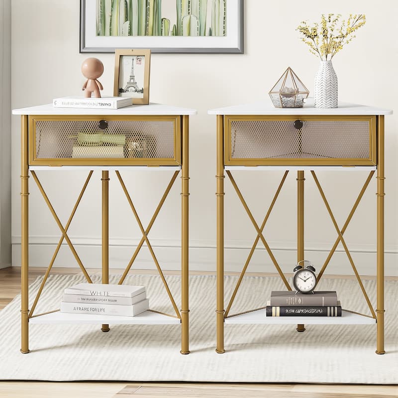 VECELO Modern Set of 2 Corner Nightstands Storage Corner Cabinet with Flip Door - Gold
