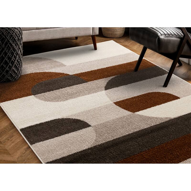 Marley Collection - Geometric Curves Taupe Oxblood Area Rug