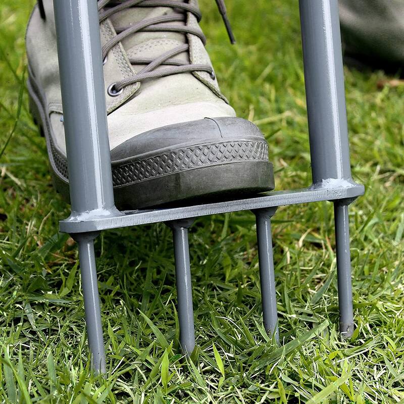 WaLensee Lawn Spike Aerator, T-Handle, Manual Dethatching and Soil Aerating Tool with Four Iron Spikes, 35.5 Inches, Grey