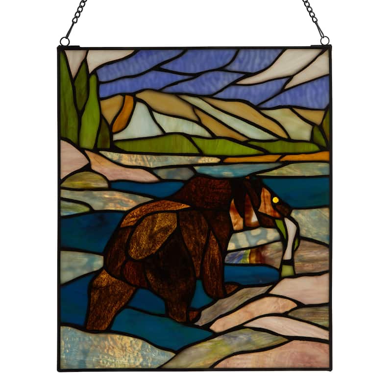 River of Goods Fishing Bear Scene River of Goods Stained Glass Window Panel - 12" x 0.25" x 14" - Multi
