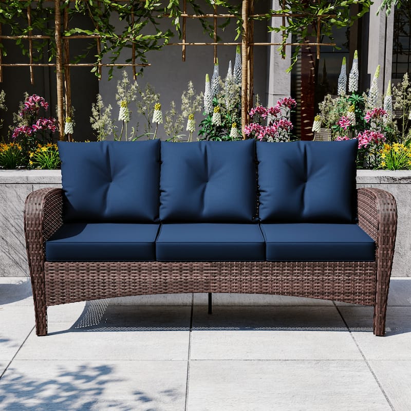 Cozywor 72"Wide 3-Seat Brown Wicker Outdoor Sofa, Couch Patio Sofa with Deep Seating and Thick Cushions, Red
