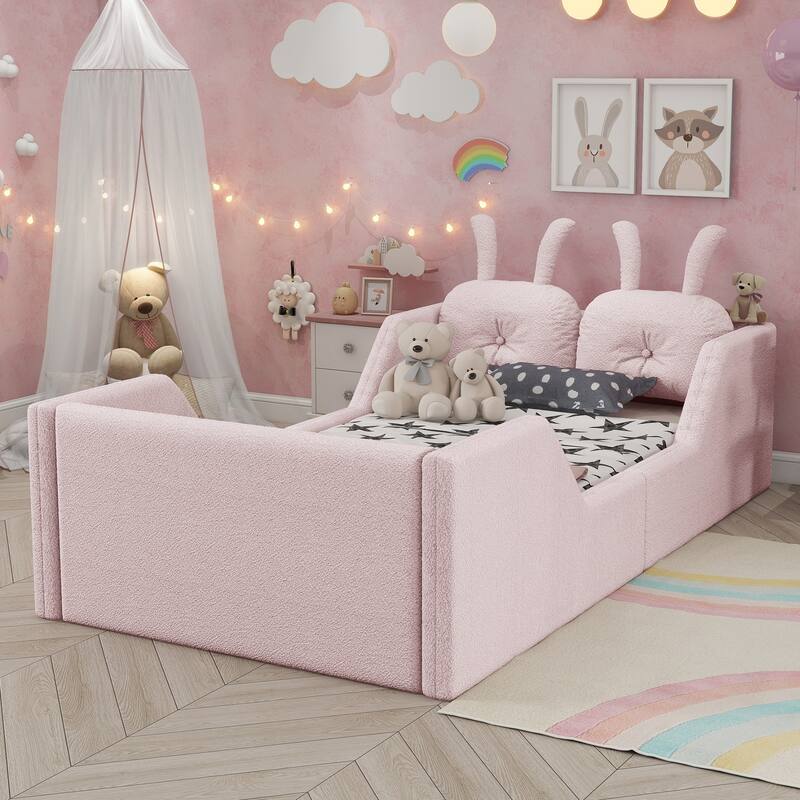 Pink Twin Upholstered Platform Bed with Rabbit Cushion & Removable Side Rails! (Arrives 2025/1/15)