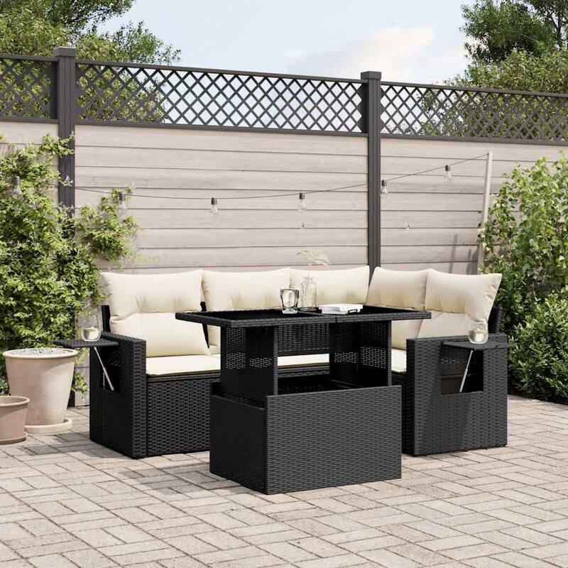 vidaXL Patio Sofa Set with Cushions Outdoor Furniture 5 Piece Poly Rattan - Black and Cream-without storage - 21.7 x 39.4 x 28.7