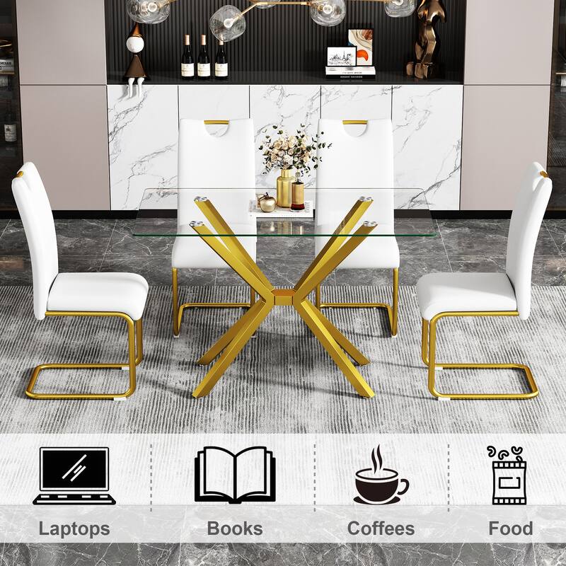 47.24" Rectangular Clear Tempered Glass Dining Table,Stylish Design with Gold Metal Legs, Kitchen Table for Dining Room