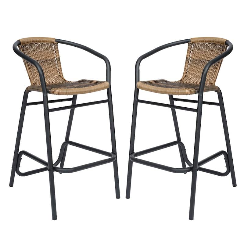 Commercial Indoor-Outdoor Rattan Restaurant Barstool with Aluminum Frame-Set of 2