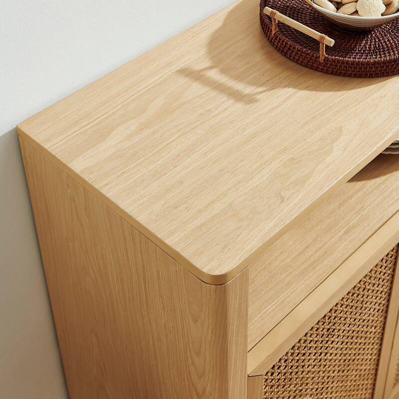 Mid Century Modern 63" Wide 4 - Cane Rattan Door Storage Sideboard with Open Shelf, Wine Bar Credenza for Living Room Entryway