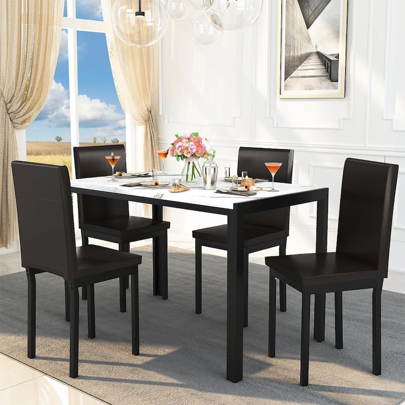 Mieres 5-Piece Dining Table Set with Faux Marble Top and 4 PU Leather Upholstery Chairs for Kitchen Dining Room
