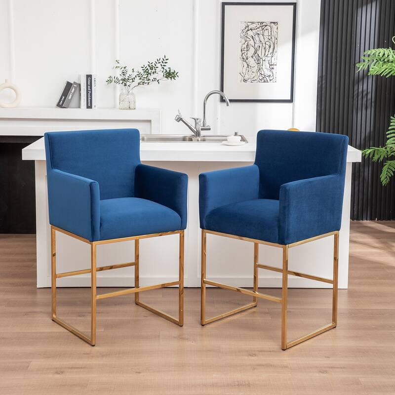SEYNAR Mid Century Modern Velvet Accent Armrest 27-inch Tall Bar Stool Set of 2 with Metal Frame - Navy