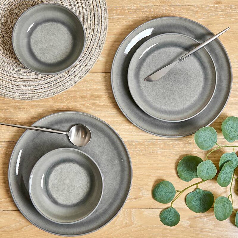 Sango Asher 12-Piece Gray Stoneware Dinnerware Set - Service for 4, Plate & Bowl Set