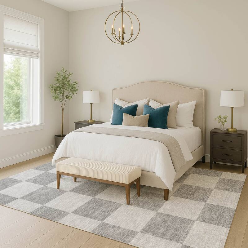 Machine Washable Indoor/ Outdoor Modern Checker Chantille Rug
