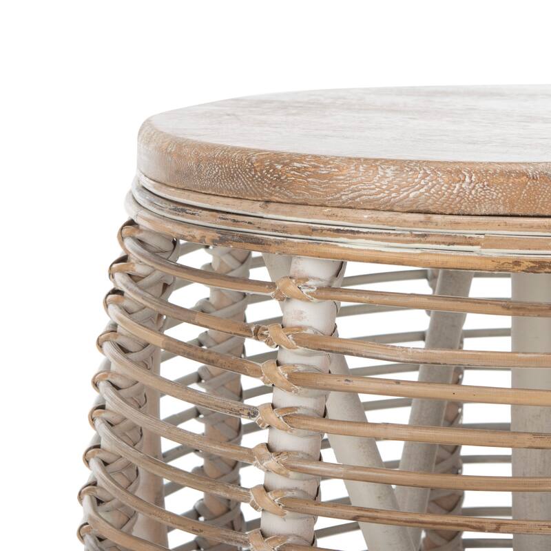 SAFAVIEH Leliana Rattan White Washed Drum Stool Accent Table - 17.7" x 17.7" x 18.9" - 18Wx18Dx19H