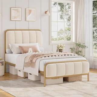 Twin Size Bed Frame with Tufted Headboard, Upholstered Metal Platform ...