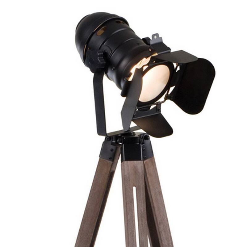 55 Inch Floor Lamp with Tripod Style Wood Frame, Spotlight, Brown and Black