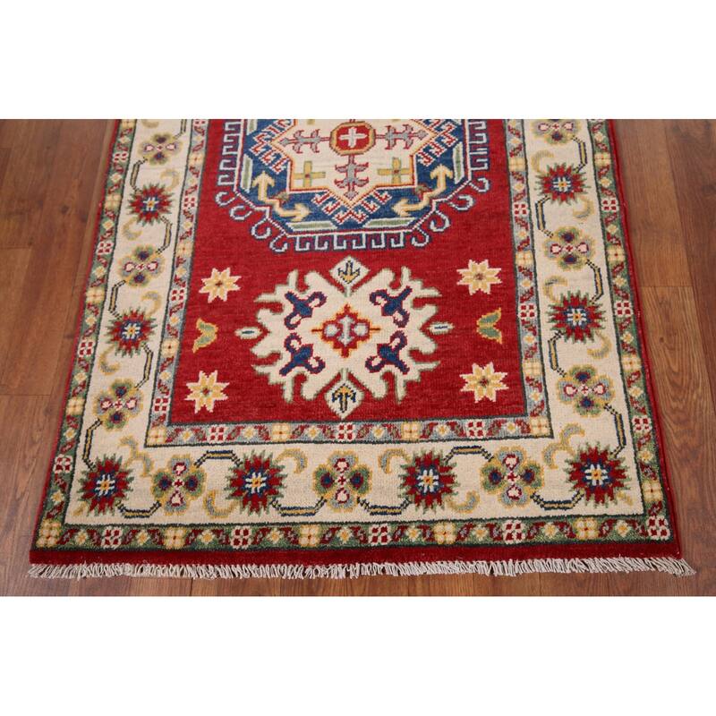 Red Geometric Kazak Foyer Rug Handmade Wool Carpet - 2'10" x 4'1"