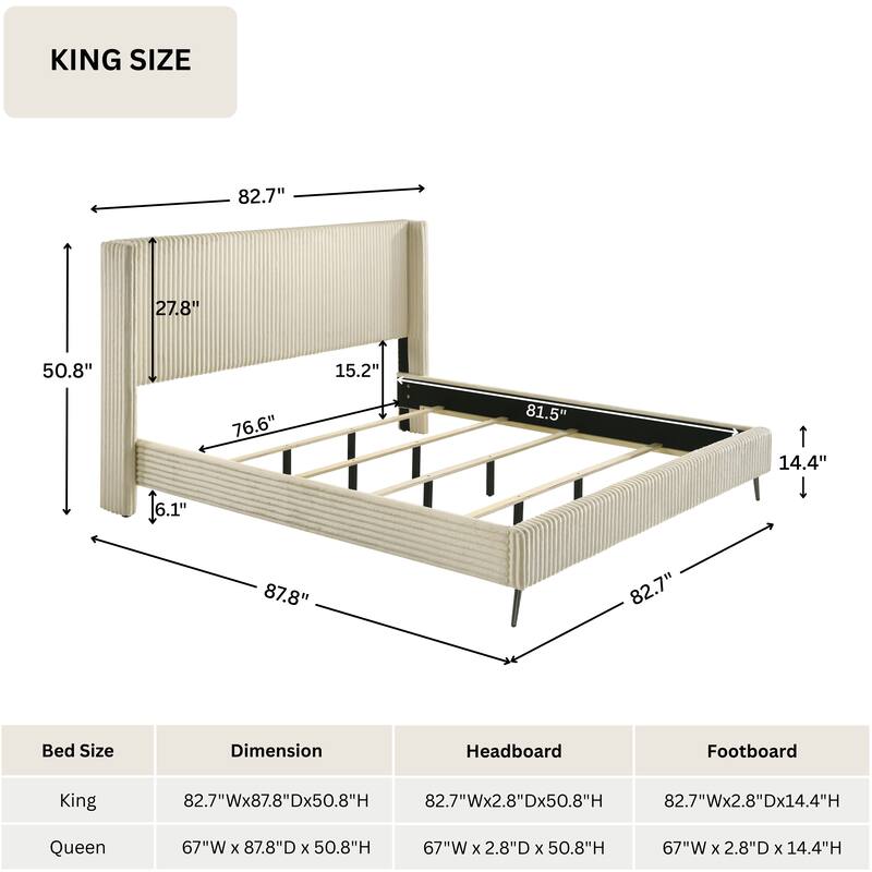 Roundhill Furniture Mavela Wide Wale Corduroy Upholstery Panel Bed, King Size