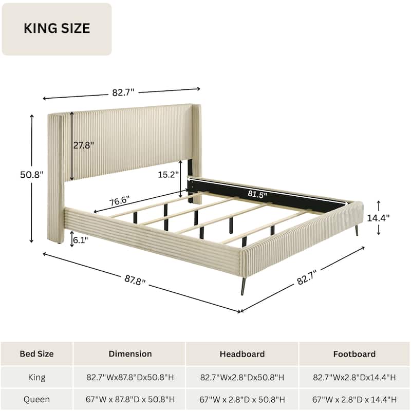 Roundhill Furniture Mavela Wide Wale Corduroy Upholstery Panel Bed with 2 Nightstands, Cream