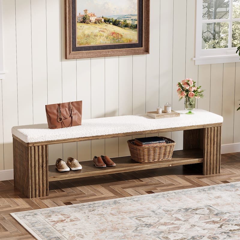 Solid Wood Entryway Bench, 63" Upholstered End of Bed Bench