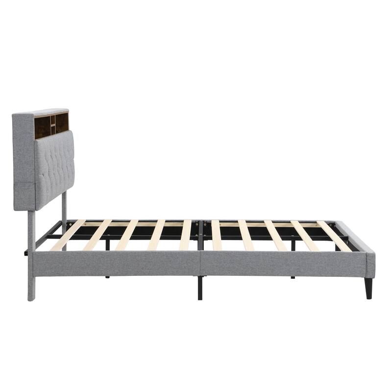 Queen Size Linen Upholstered Platform Bed with Button-Tufted Headboard, USB Charging Station and Side Pockets