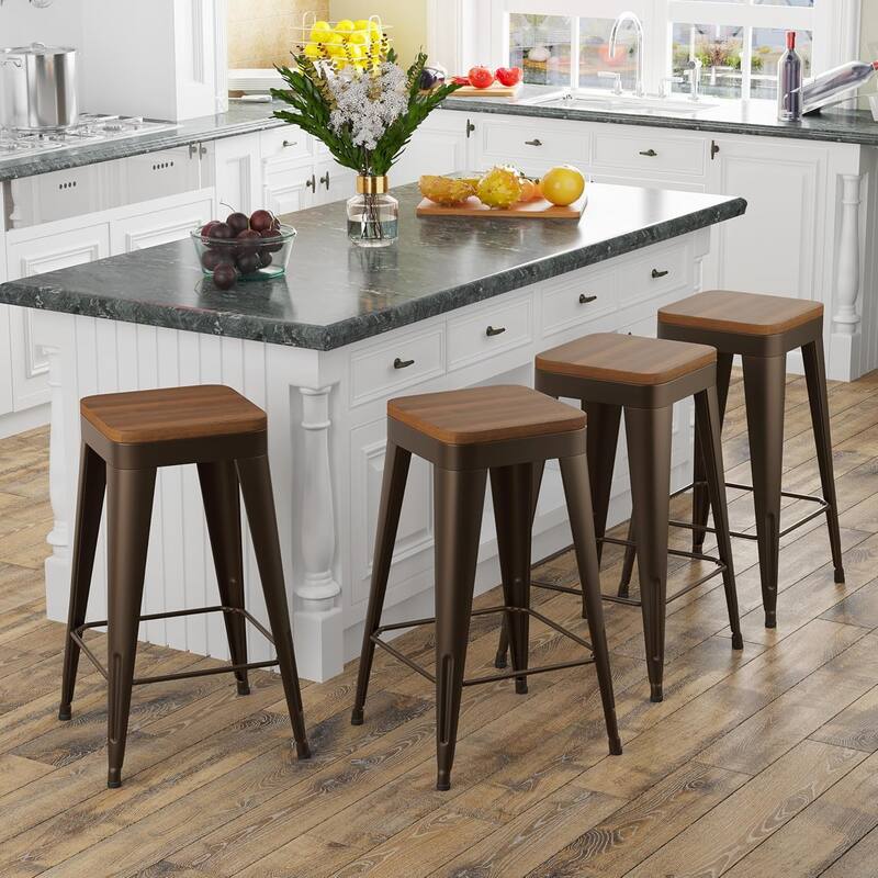 Counter & Bar Stools with Metal Frame Kitchen Stools Backless Kitchen Bar Furniture Stools with Square Wooden Seat - Rusty - Set of 4 - Bar Height
