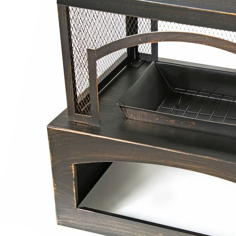 37-Inch Rectangular Metal Outdoor Wood Burning Fireplace - Outdoor Fireplace with Built-in Log Storage and Poker-Brushed Bronze