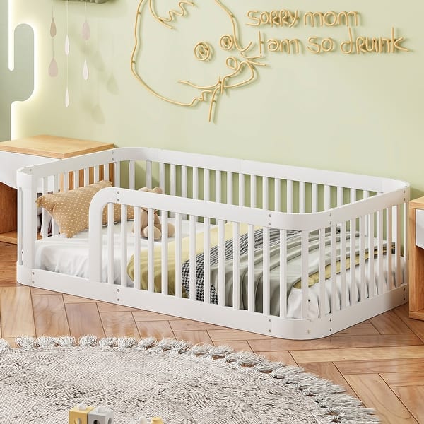 slide 2 of 18, Wood Twin Size Wood Floor Bed Frame with Slats and Safety Guardrails, Wood Montessori Floor Bed for Kids, Girls, Boys White