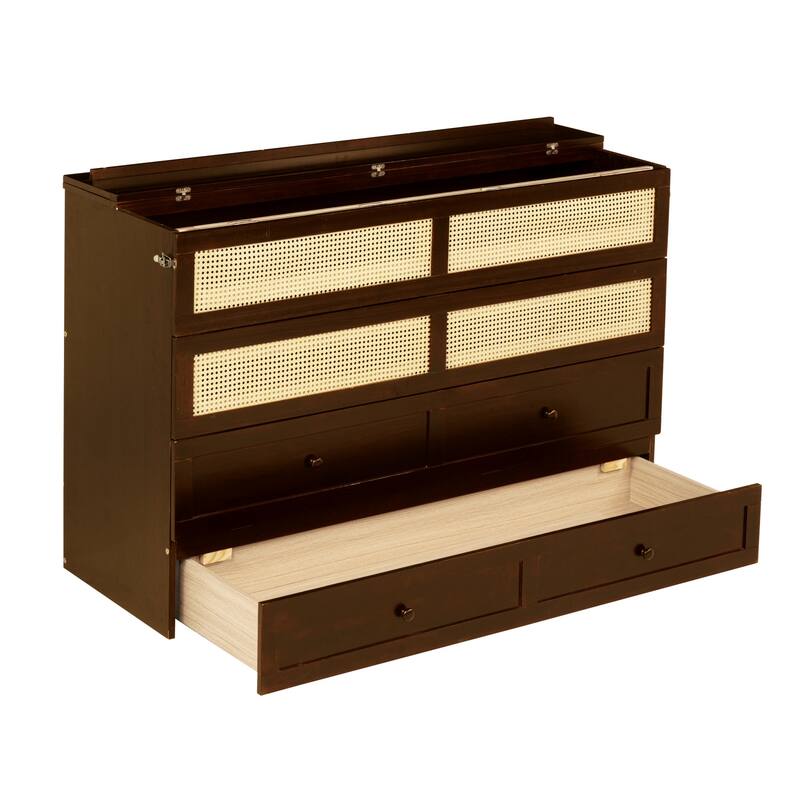 Queen Size Pine Wood Murphy Bed with Rattan Decoration and Storage Drawer