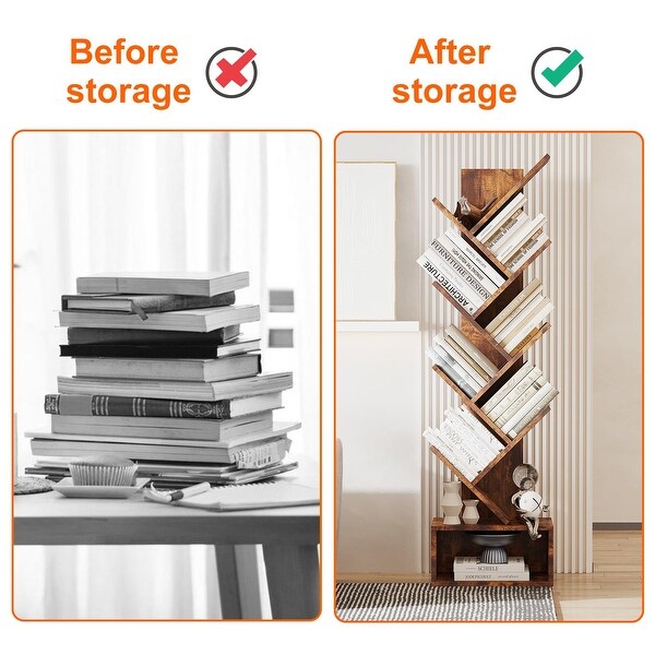 8-Tier Tree Bookshelf, Industrial Retro Storage Rack, Bookcase