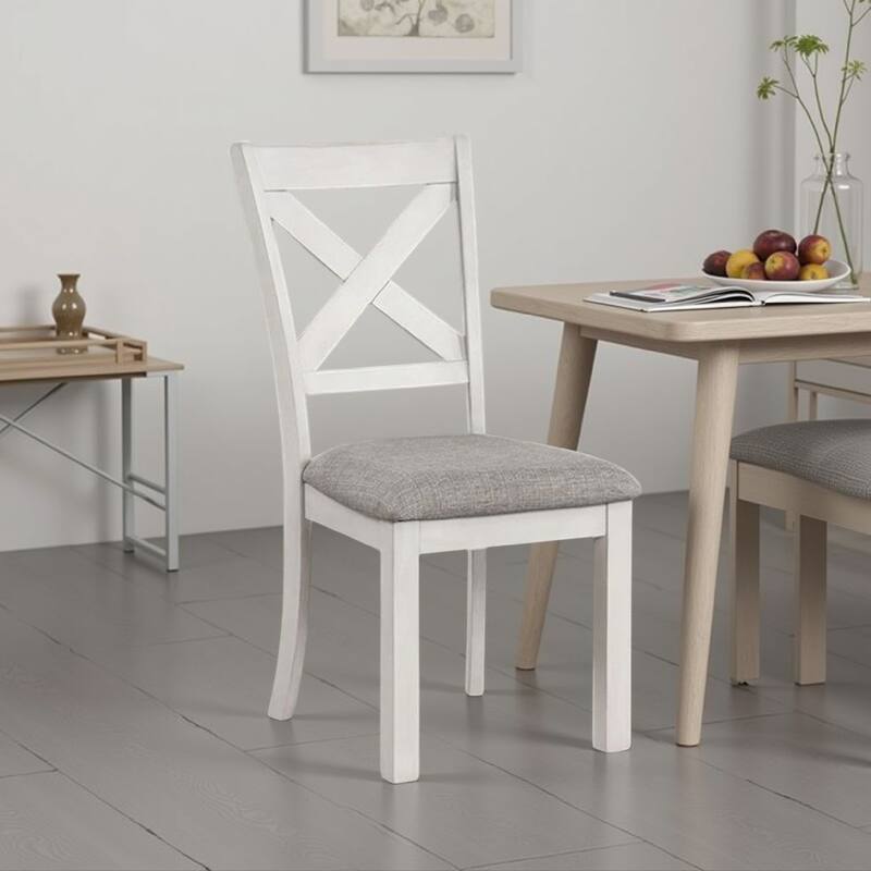 Rone Side Dining Chair Set of 2, Rustic White Rubberwood, Gray Fabric
