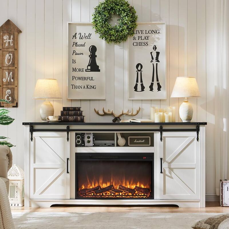 Farmhouse Fireplace TV Stand for 80 Inch TV, Entertainment Center