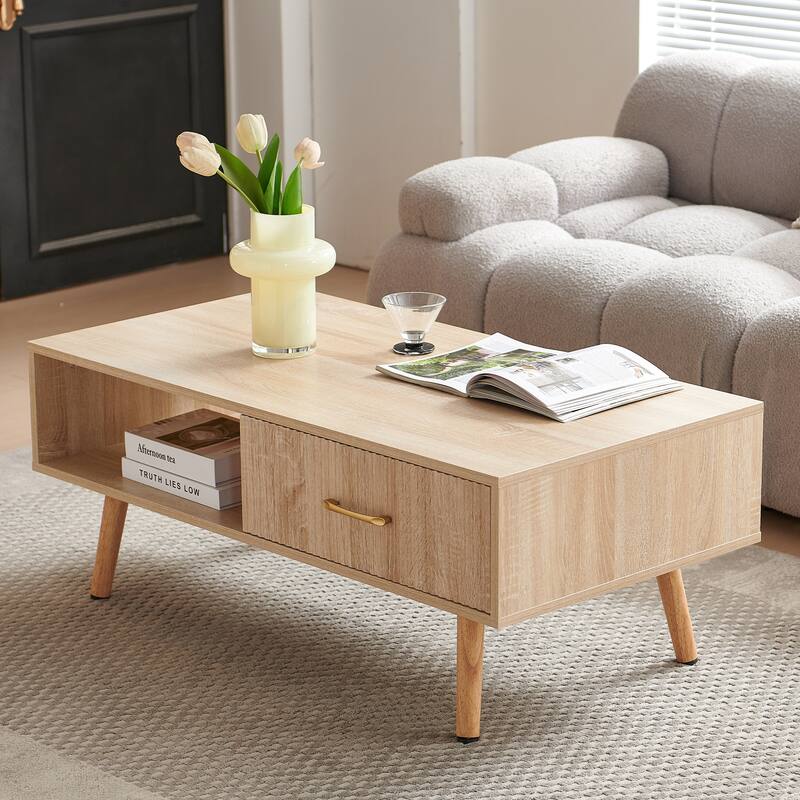Rectangle Coffee Table with Solid Wood Legs, Sliding Drawer for Storage, Modern Table