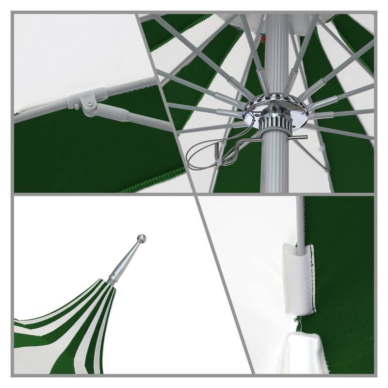 California Umbrella 8.5' Pagoda Series Patio Umbrella Silver Anodized Aluminum Pole Push Lift Sunbrella Natural & Pacific Blue